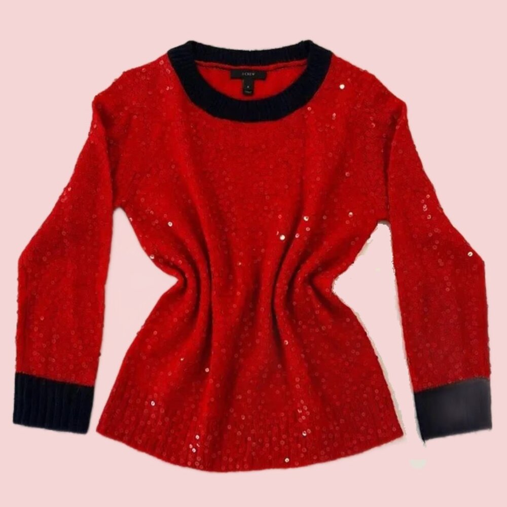 Women's Sweater "J.Crew" Red Sequin Wool Mohair Sweater Sz Small Valentine's Day